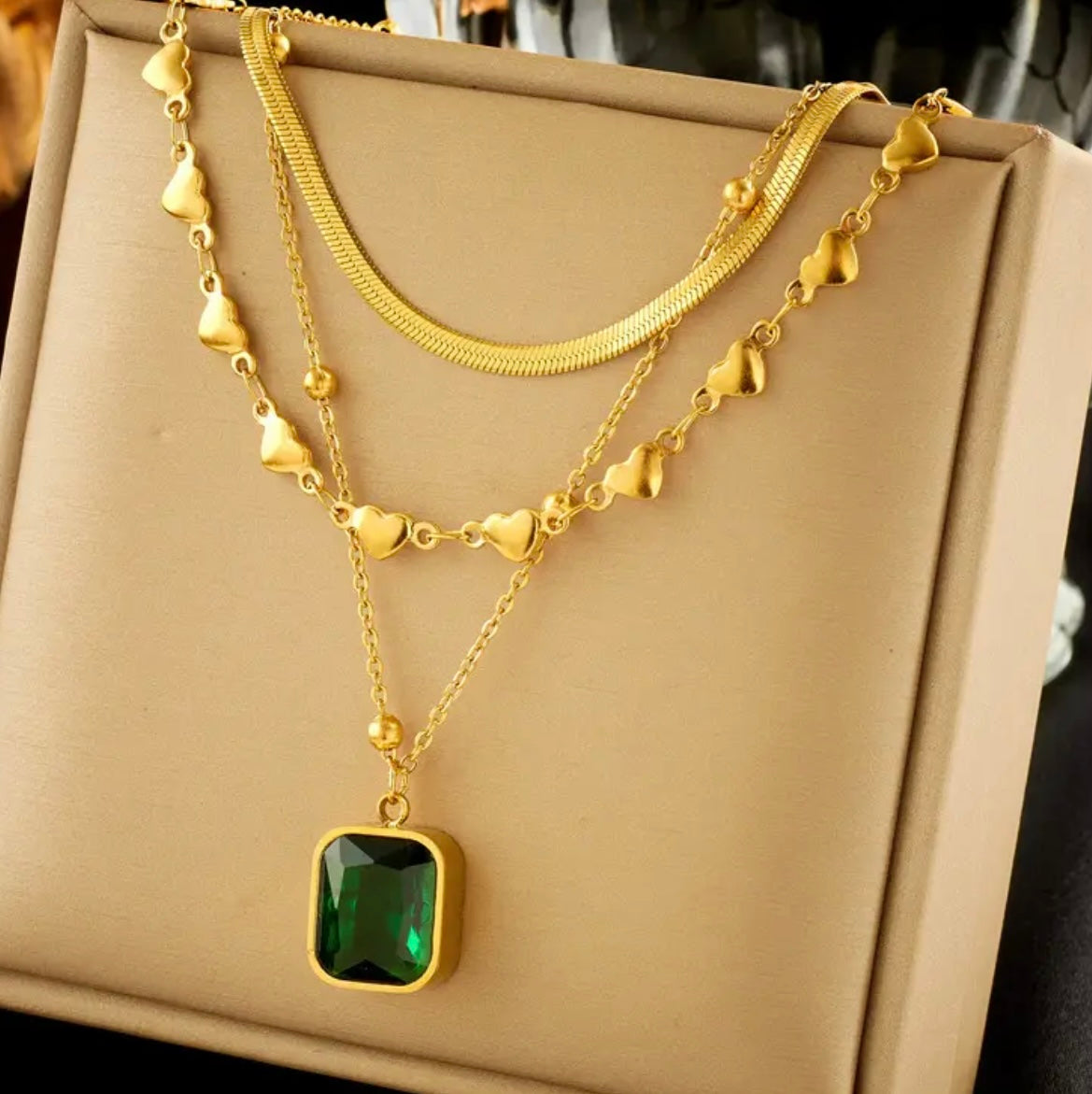 Golden Multi-Layer Stainless Steel Necklace with Heart and Tree Pendants