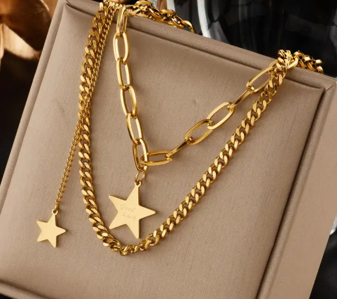 Golden Multi-Layer Stainless Steel Necklace with Heart and Tree Pendants