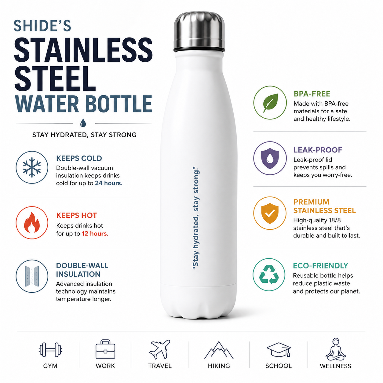 Shide's Stainless Steel Water bottle (White)