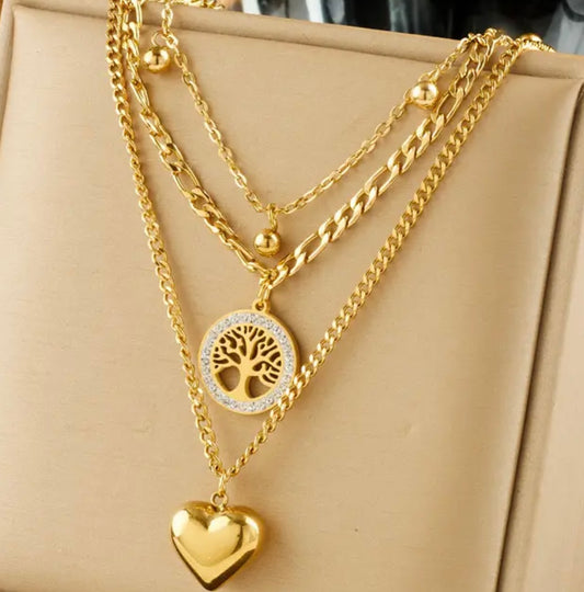 Golden Multi-Layer Stainless Steel Necklace with Heart and Tree Pendants